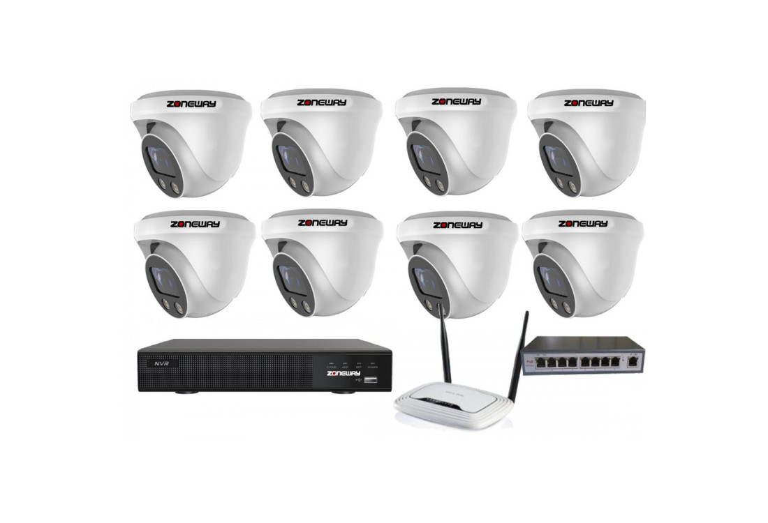 5MPx H265 kamerový IP POE set ZONEWAY - 8x dome kamera NC960, rekordér NVR 2104, router a POE switch 8 + 1