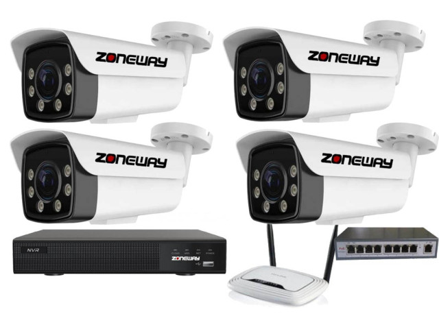 5MPx ZOOM COLORVU kamerový IP POE set - 4x NC965+, POE switch 4 + 1, NVR | ZONEWAY 4-NC965+3016