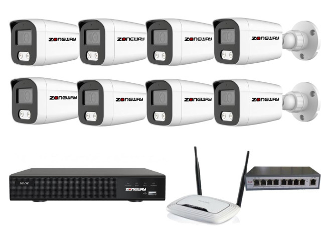 4MPx kamerový IP POE set - 8x NC865+, POE switch 8 + 1| ZONEWAY 8-NC865+3016