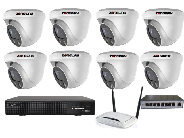5MPx ZOOM kamerový IP POE set - 8x NC961, POE switch 8 + 1, NVR | ZONEWAY 8-NC961-3016