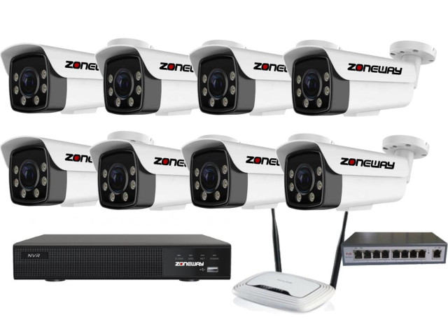 5MPx ZOOM COLORVU kamerový IP POE set - 8x NC965+, POE switch 8 + 1, NVR | ZONEWAY 8-NC965+3016