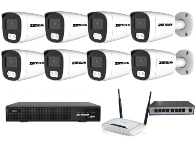 8MPx kamerový IP POE set - 8x NC981, POE switch 8 + 1| ZONEWAY 8-NC981-3016