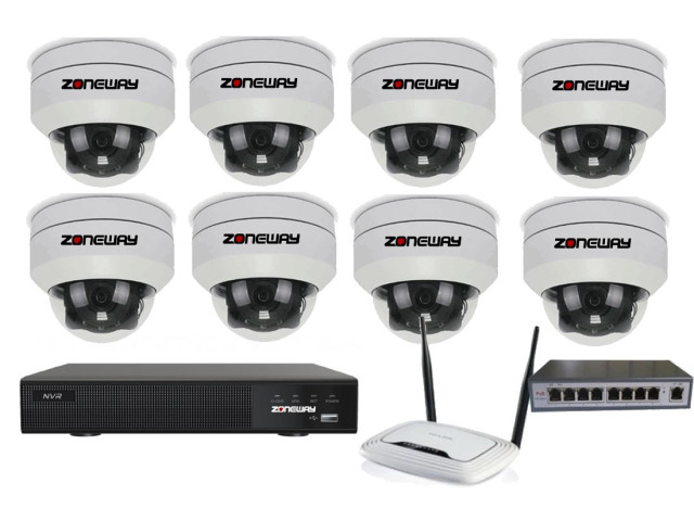 5MPx PTZ kamerový IP POE set - 8x MINI PTZ NVR 3016, router, POE switch 8 + 1| ZONEWAY 8-PTZ4XC50+3016