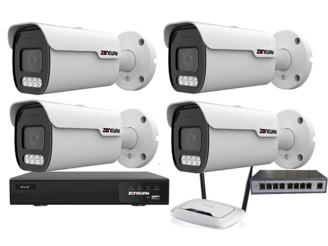 8MPx 4K ZOOM COLORVU kamerový IP POE set - 4x NC988, POE switch 4 + 1, NVR | ZONEWAY 4-NC988-3016