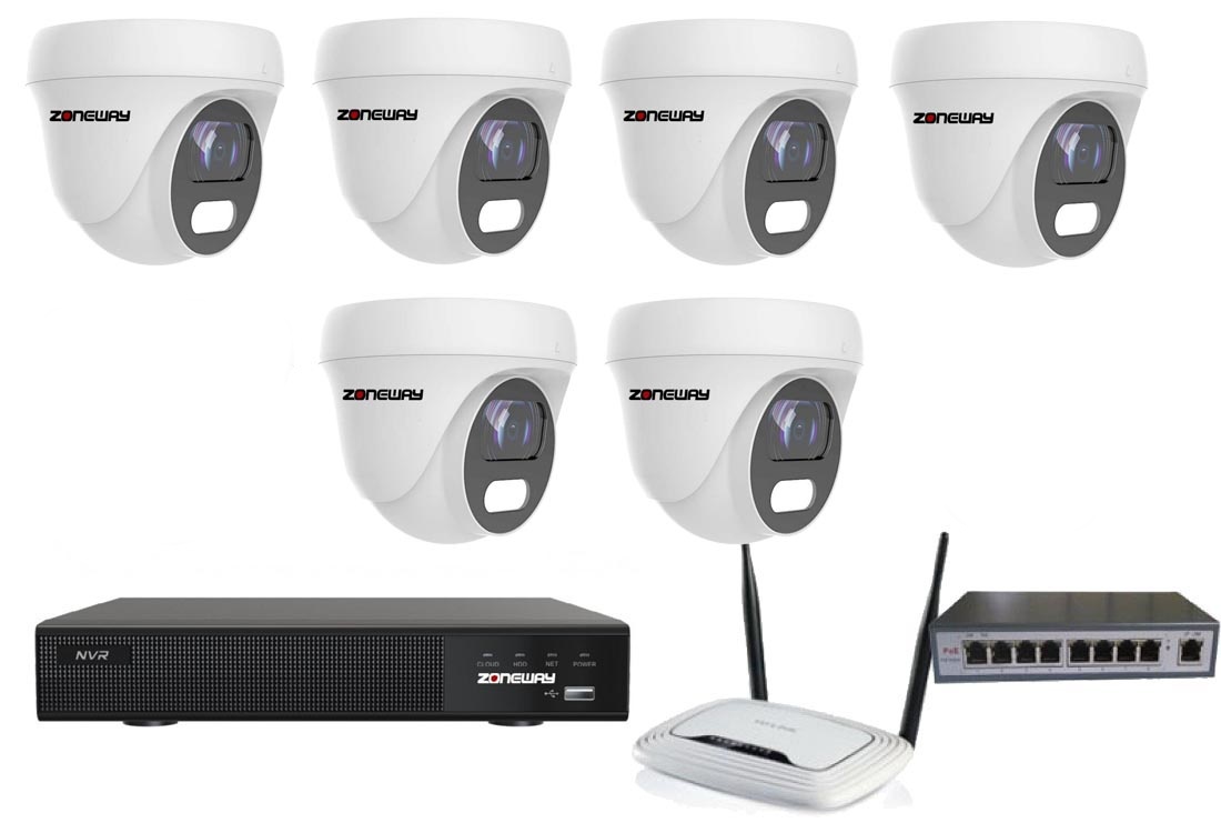 8MPx COLORVU kamerový IP POE set - 6x NC962, POE switch 8+ 1, NVR3016 | ZONEWAY 6-NC962+3016