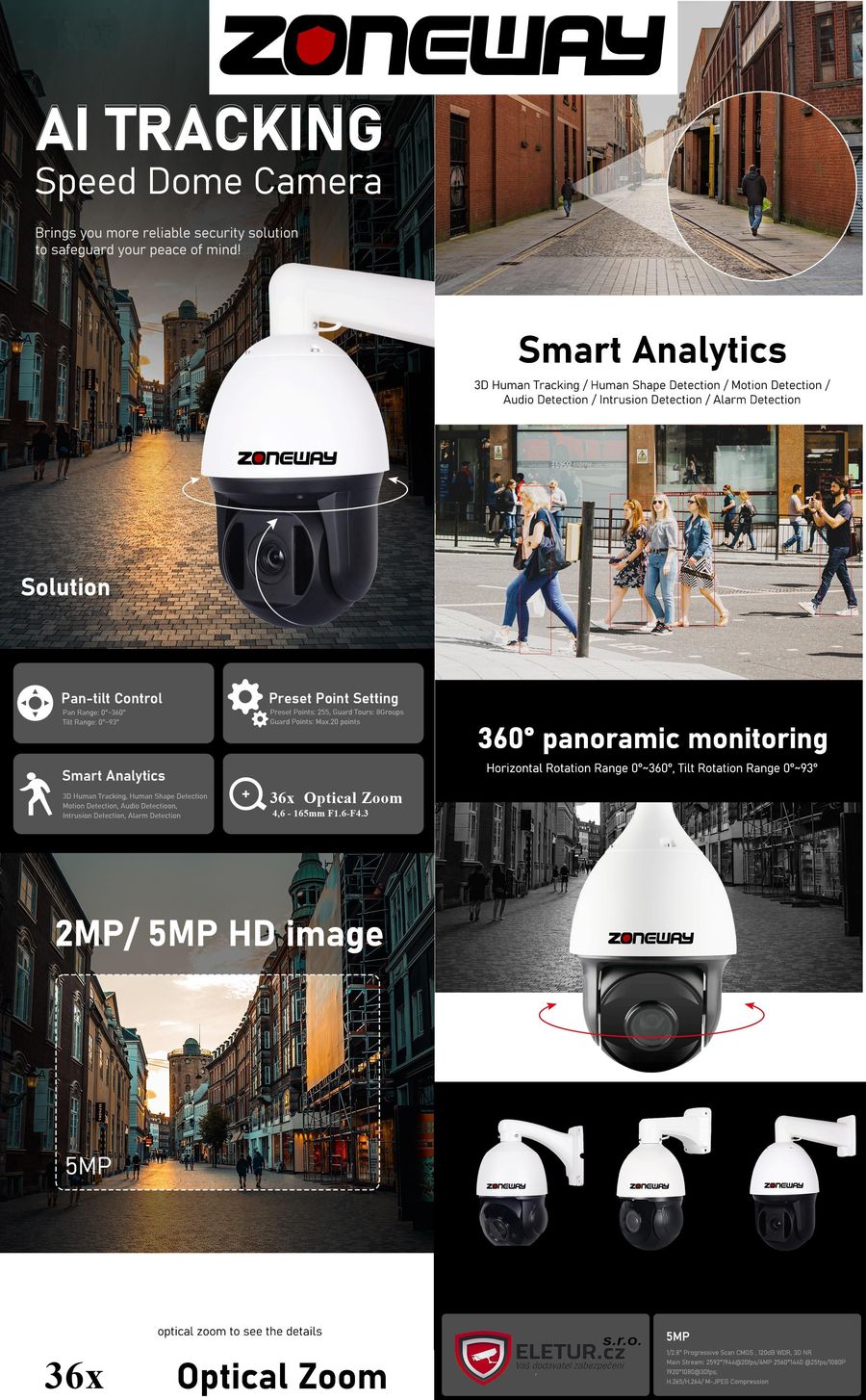 Vonkajšia PTZ kamera ZONEWAY s AI funkciami a rozlíšením 5 MPx