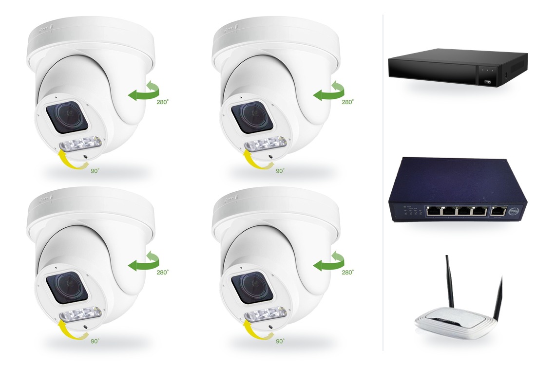Kamerový set 4x mini PTZ HICO X4D-M6S s rekordérom NVR3016, PoE switchom a routerom Kamerový set 4x mini PTZ HICO X4D-M6S s rekordérom NVR3016, PoE switchom a routerom – ilustračná foto